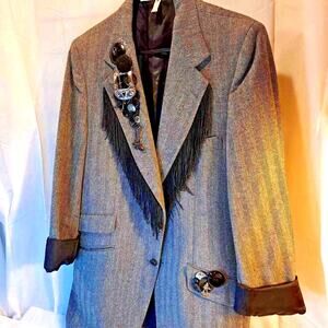 Bonnardi Women's Suit Jacket Blazer Gray Herringbone Fringes Embellished M New